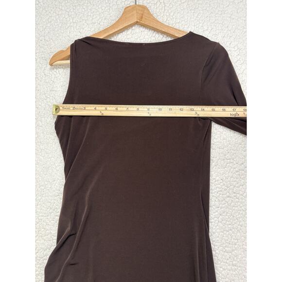 Caché Y2K One Sleeve Chocolate Dress Size S Ruched Gold Chain Asymmetric Bodycon - Picture 5 of 6
